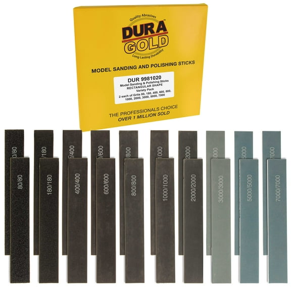 Dura-Gold Sanding Sticks and Polishing Sticks for Plastic Models, Pack of 20 - 2 Each of 10 Grits, Coarse 80 to Super-Fine 7000 Grit, Classic Style - Wood, Metal, Auto Detailing, Hobby Sandpaper