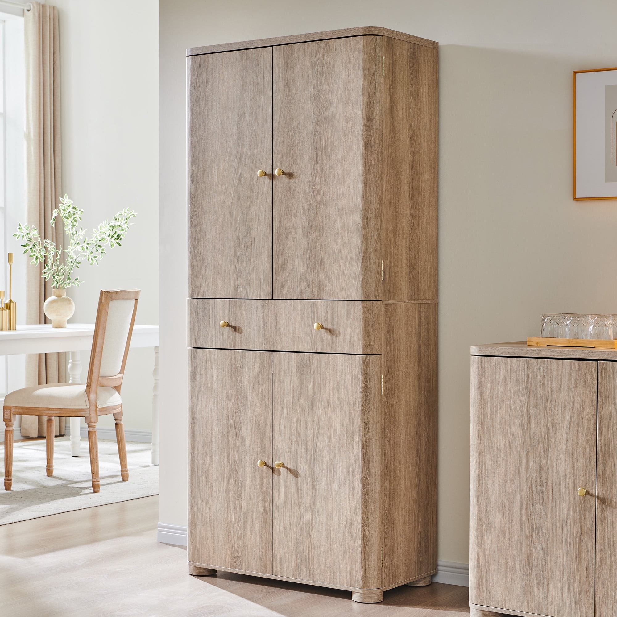 SinCiDo 71" Tall Kitchen Pantry Storage Cabinet, Wooden Curved Cabinet with 4 Doors and 6 Adjustable Shelves, Large Drawer for Kitchen, Dining Room