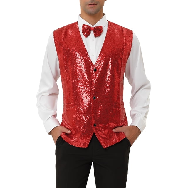 CHALECO BRILLANTE DE LENTEJUELAS DISCO PARA HOMBRES INSPIRADOS CON CORBATA DE LAZO ROJA