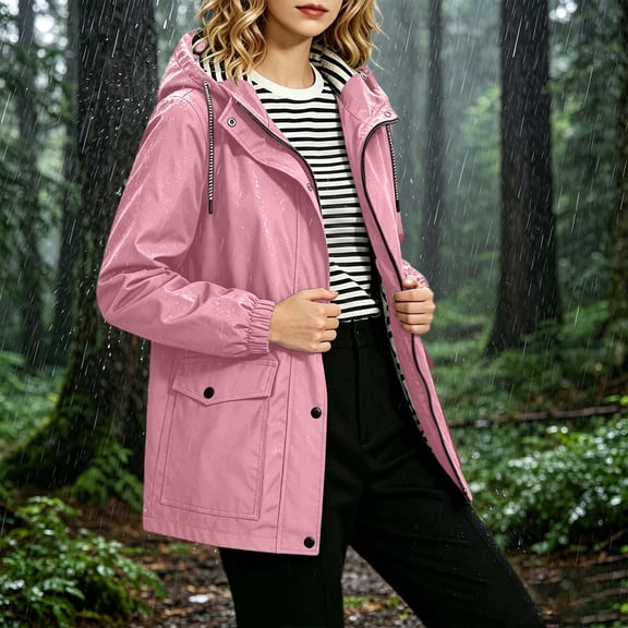 Valufy Women's Waterproof Hooded Rain Jacket, Lightweight Striped Lined Windbreaker with Drawstring Waist and Pockets