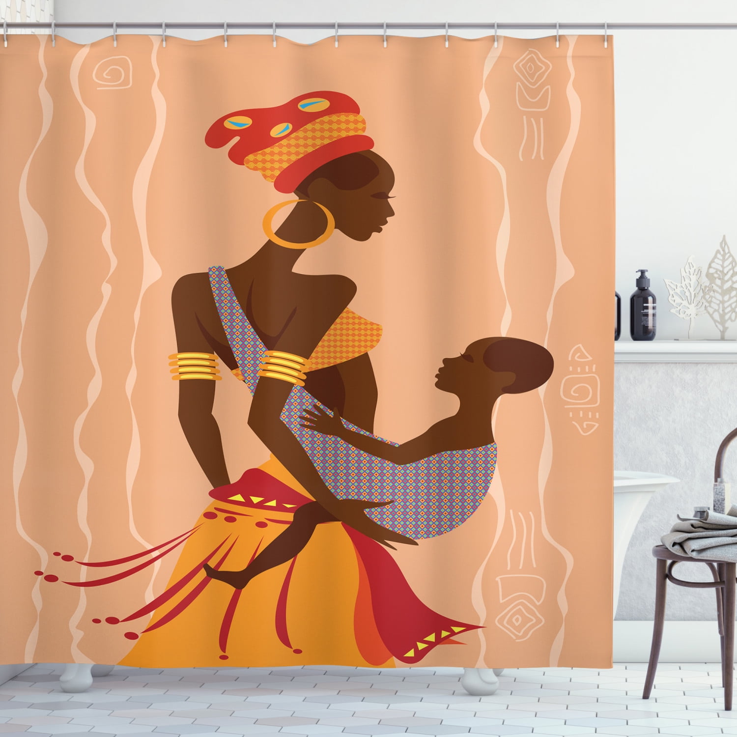 Folk Art Shower Curtain, Beautiful African Mother with Ethnic Clothes