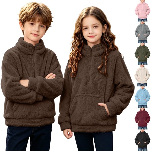 Ultrave Kids Sherpa Fleece Sweatshirt Half Zip Mock Neck Long Sleeve Pullover Top with Kangaroo Pocket for Fall Winter