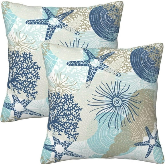 Beach Ocean Starfish Seashell Nautical Coastal Farmhouse Throw Pillow Covers 18x18 Pillow Case Soft Pillowcase Cushion Covers Set of 2 for Sofa Bed Bedroom Car Chair Living Room Home Decor