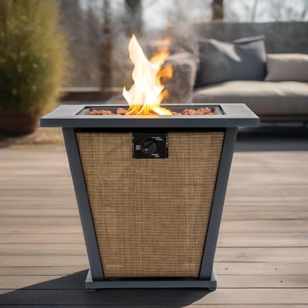 28 Inch Square Propane Fire Pit Table 50000 BTU Outdoor Steel Patio Heater with Lid for Deck Garden Courtyard Brown Textilene Weather Resistant