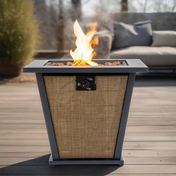 28 Inch Square Propane Fire Pit Table 50000 BTU Outdoor Steel Patio Heater with Lid for Deck Garden Courtyard Brown Textilene Weather Resistant