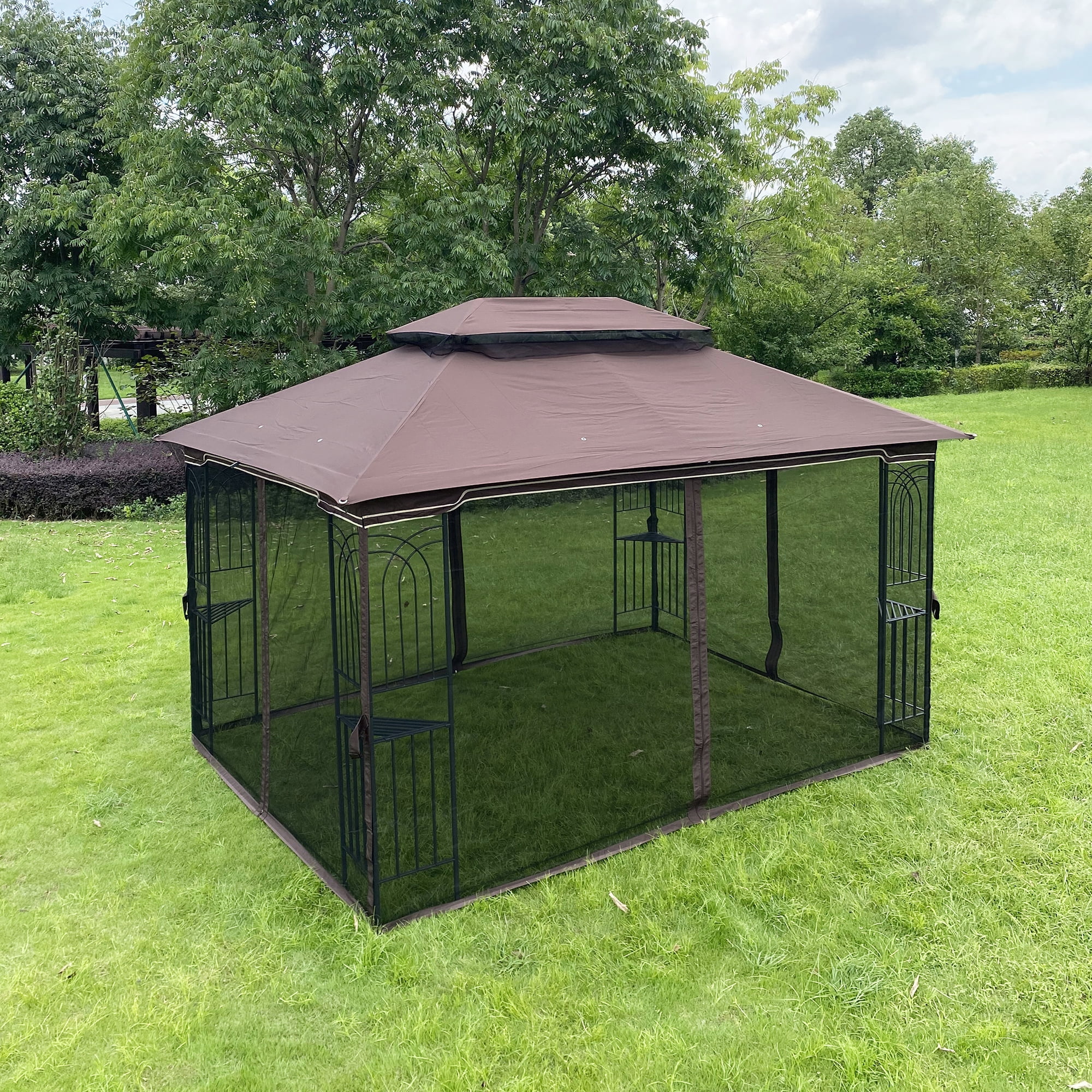 Outdoor Gazebo Tent, 13x10 FT Double Roof Tent with Mosquito Net for Garden Backyard, Brown Top