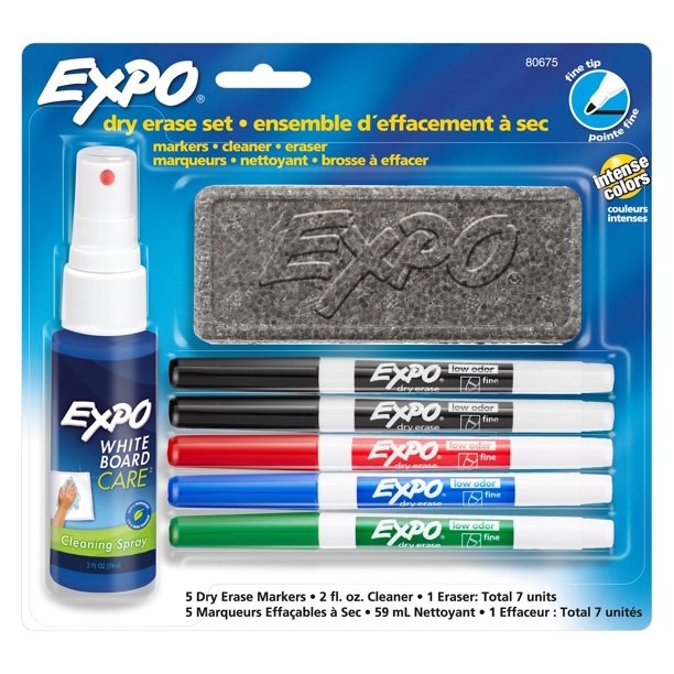 Expo Dry Erase Marker Starter Set, Fine Tip, Assorted Colors, 7Piece