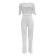 thumbnail image 6 of ZAZYULZ Charming Women's Round Neck Medium Sleeved Waistband Loose Fitting Wide Leg Sequin Jumpsuit(White,Xxl), 6 of 6