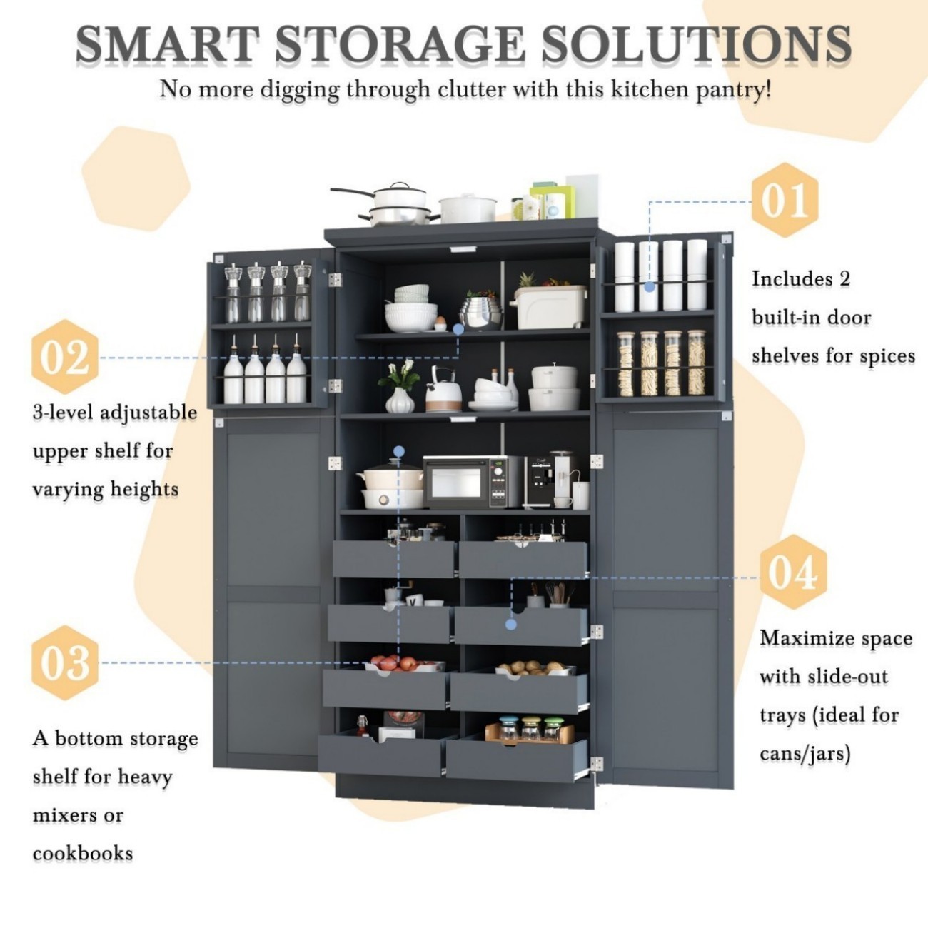 Freestanding Kitchen Pantry Cabinet, 35.5" Tall Storage Cabinet with 4 Doors, 8 Pull-Out Trays, Adjustable Shelves & Door Storage for Dining Room, Gray