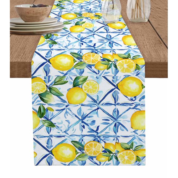 Lemon Fruit Burlap Cotton Table Runner 14x72 Inches Long, Spring Botanical Plants Blue Plaid Farmhouse Table Runners, Outdoor Dining Tablecloths Decor for Baby Shower/Party/Wedding