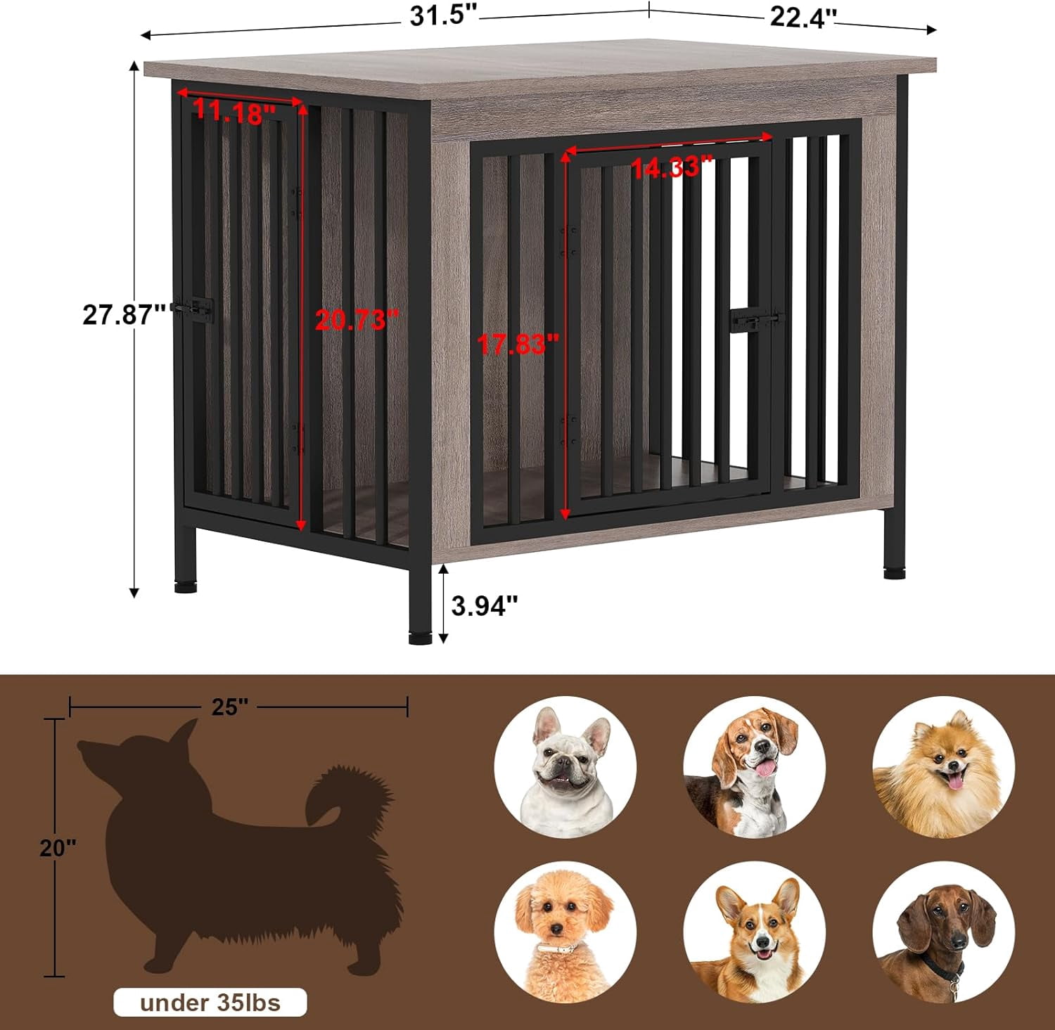 POAO 31.5" L Dog Crate Furniture, Heavy Duty Dog Crates for Small Dogs(20-35 Pounds), Dog Kennel Furniture Indoor as TV Stand, Oak Grey