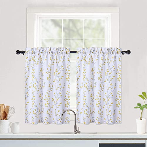 Cafe Curtains, Leaf Floral Print Tier Curtains for Windows, 27"x24