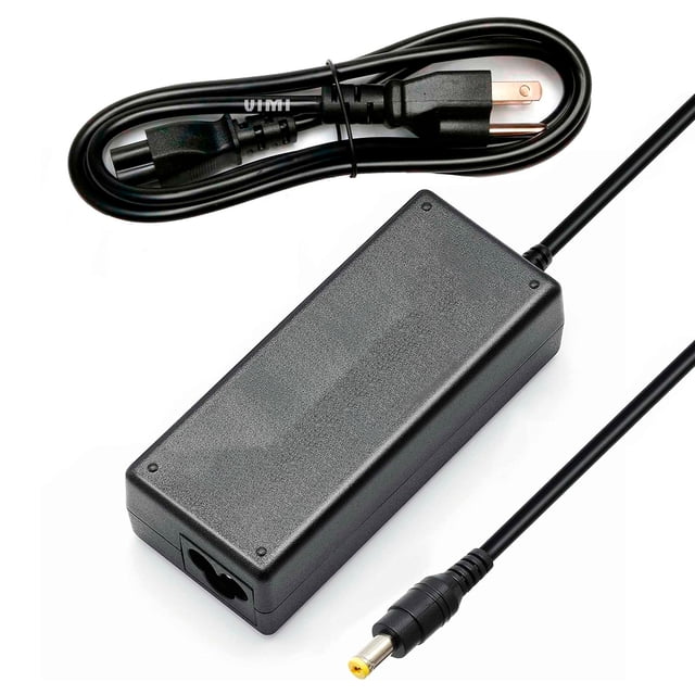 cargador para laptop compatible para hp 18.5v a 3.5a punta amarilla VIMI adaptador rectangular negro con cable de corriente desmontable y conector cilíndrico de punta amarilla, salida 18.5V 3.5A (65W), vista cenital sobre fondo blanco; suele usarse también como reemplazo para adaptadores HP con entrada 100-240V.