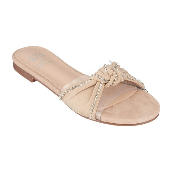 GC Shoes Womens Flat Fashion Sandals, Dressy Jeweled Bow Summer Flats, Slip On Clear Band Dress Slides, Nude/9