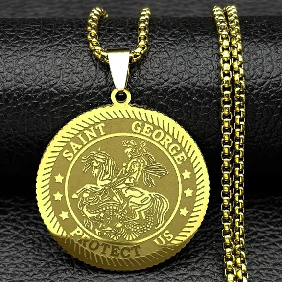 SAINT GEORGE Protect Us Medal Pendant Necklace Women Men 14K Yellow Gold Christian Chain Amulet Jewelry Party Gift