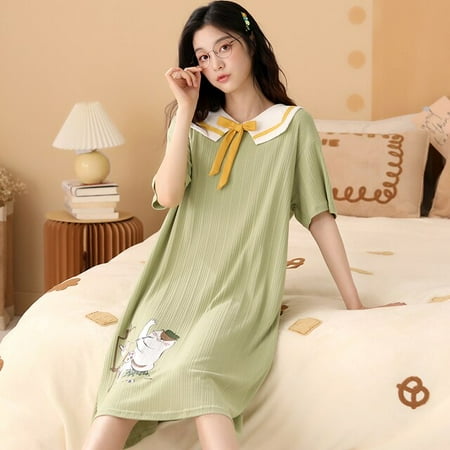 

DanceeMangoo New Home Princess Style Young Girl Cotton Nightdress Knee-Length Summer Short Sleeve Women Sleepwear Dress Slash Neck Nightshirt
