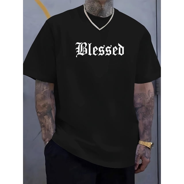 Blessed" Print Men's Black Cotton T-Shirt - Casual Crew Neck, Short Sleeve, Lightweight & Comfy, Machine Washable for All-Season Wear
