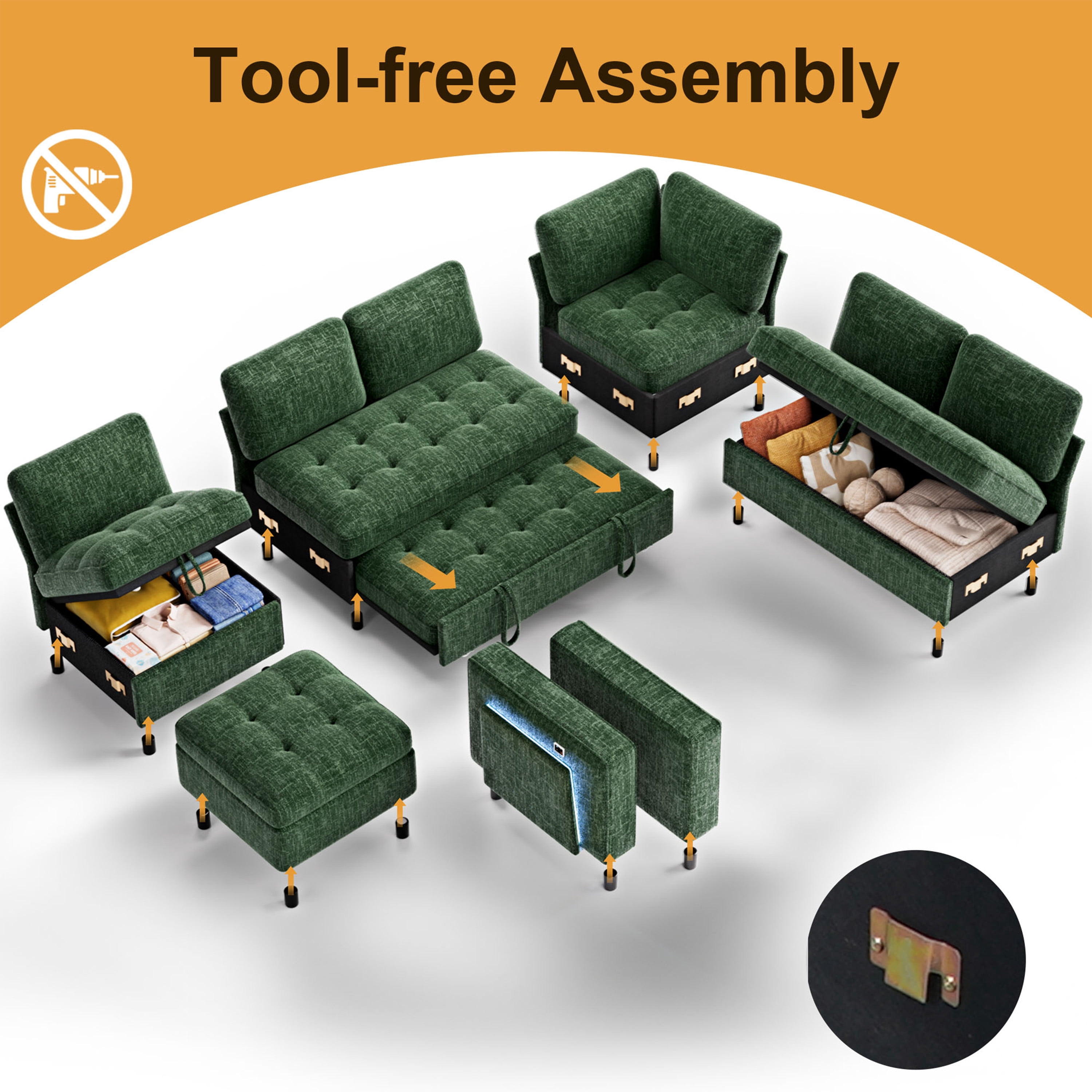 7-Seat Modular Sectional Sofa with Pull-Out Bed, Reclining Backrest, USB Ports, Table, LED Lights & Storage Seats – Tool-Free Assembly, Comfortable Living Room Furniture Green