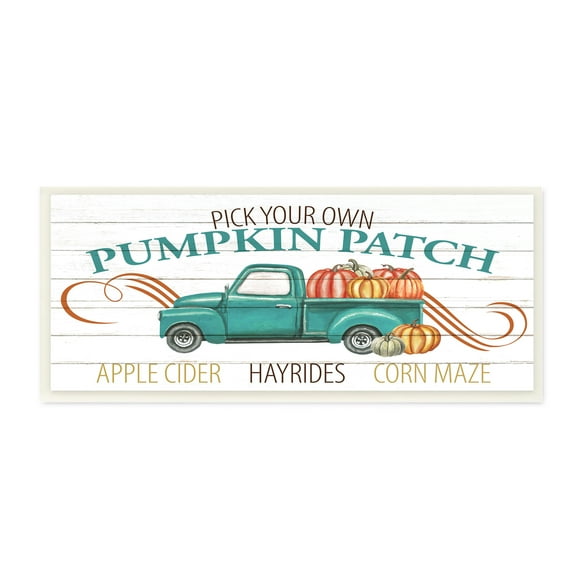 Stupell Industries Turquoise Truck Autumn Harvest Pumpkin Patch Sign Inspirational Painting Unframed Art Print Wall Art, 7 x 17