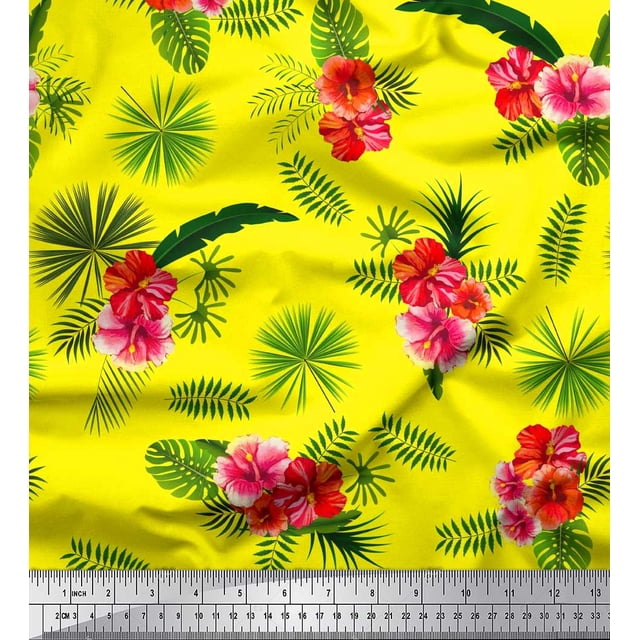Soimoi Poly Georgette Fabric Floral & Leaves Tropical Decor Fabric Printed Yard 52 Inch Wide
