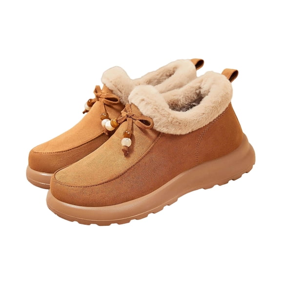 Dasayo Winter Womens Boots Ankle Brown Fuzzy Flat Heel Warm Bow House Fleece Lined Booties Shoes for Women 36