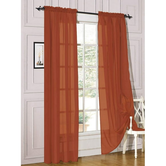 Decotex 2 Piece Sheer Voile Light Filtering Rod Pocket Window Curtain Panel Drape Set Available in a Variety of Sizes and Colors (54"" X 36"", Brick)