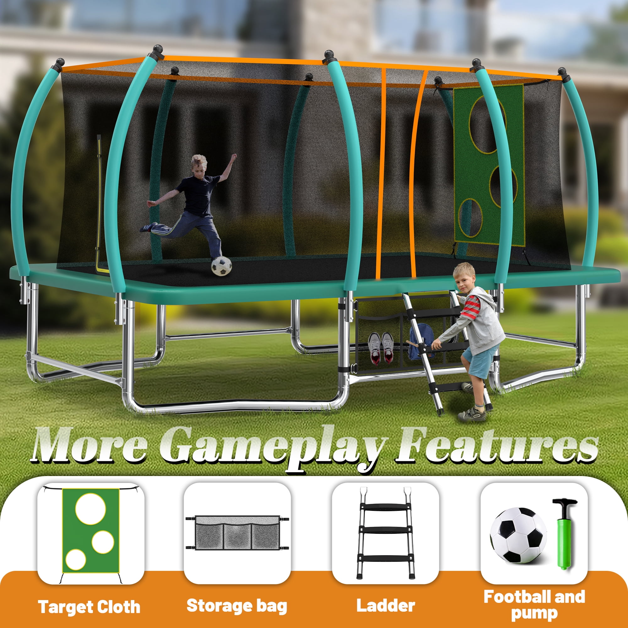 Leumius 8x14ft Large Rectangle Trampoline for Kids and Adults,Outdoor Recreational Gymnastics Trampoline with Enclosure Net,Heavy-Duty Galvanized Steel Frame Yard Trampolines,Green