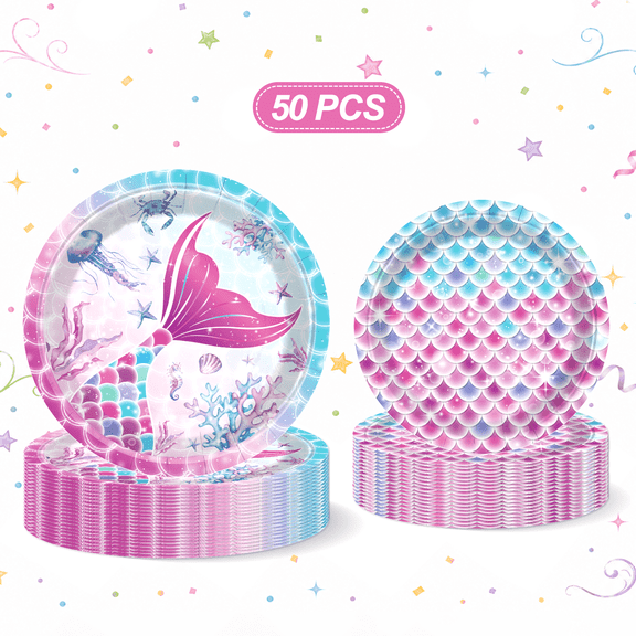 Mermaid Birthday Decorations Plates Set Purple Blue 25 7-inch 25 9-inch Tableware