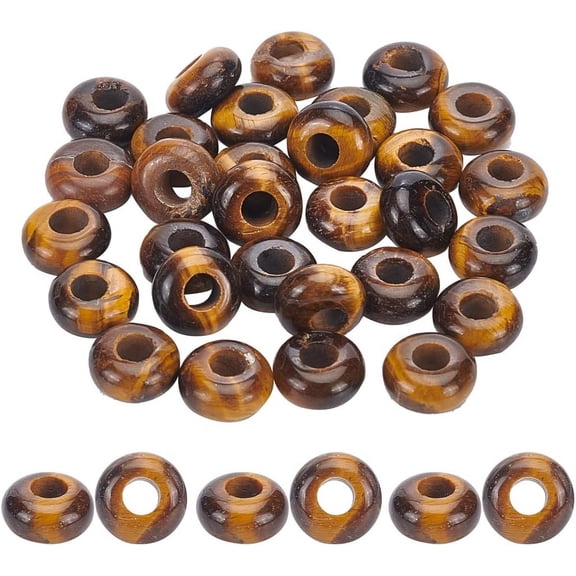 30 Pcs Gemstone European Beads 10mm Natural Tiger Eye Stone Large Hole Beads Dreadlock Beads Loose Rondelle Spacer Hair Beads