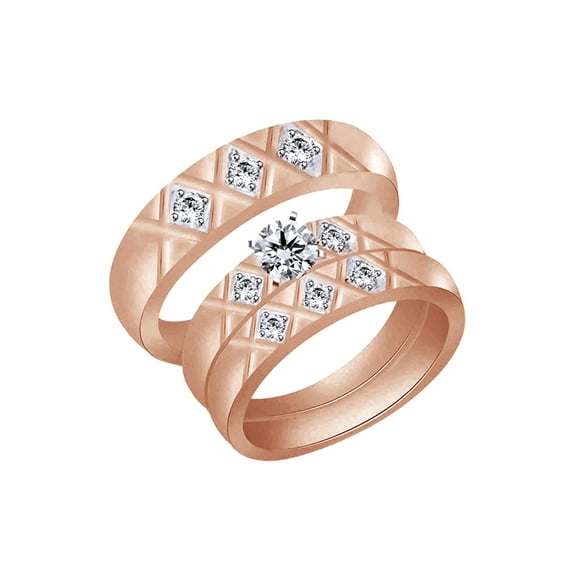AFFY White Natural Diamond Engagement & Wedding Trio Bridal Ring Set In 10k Rose Gold (0.13 Cttw)