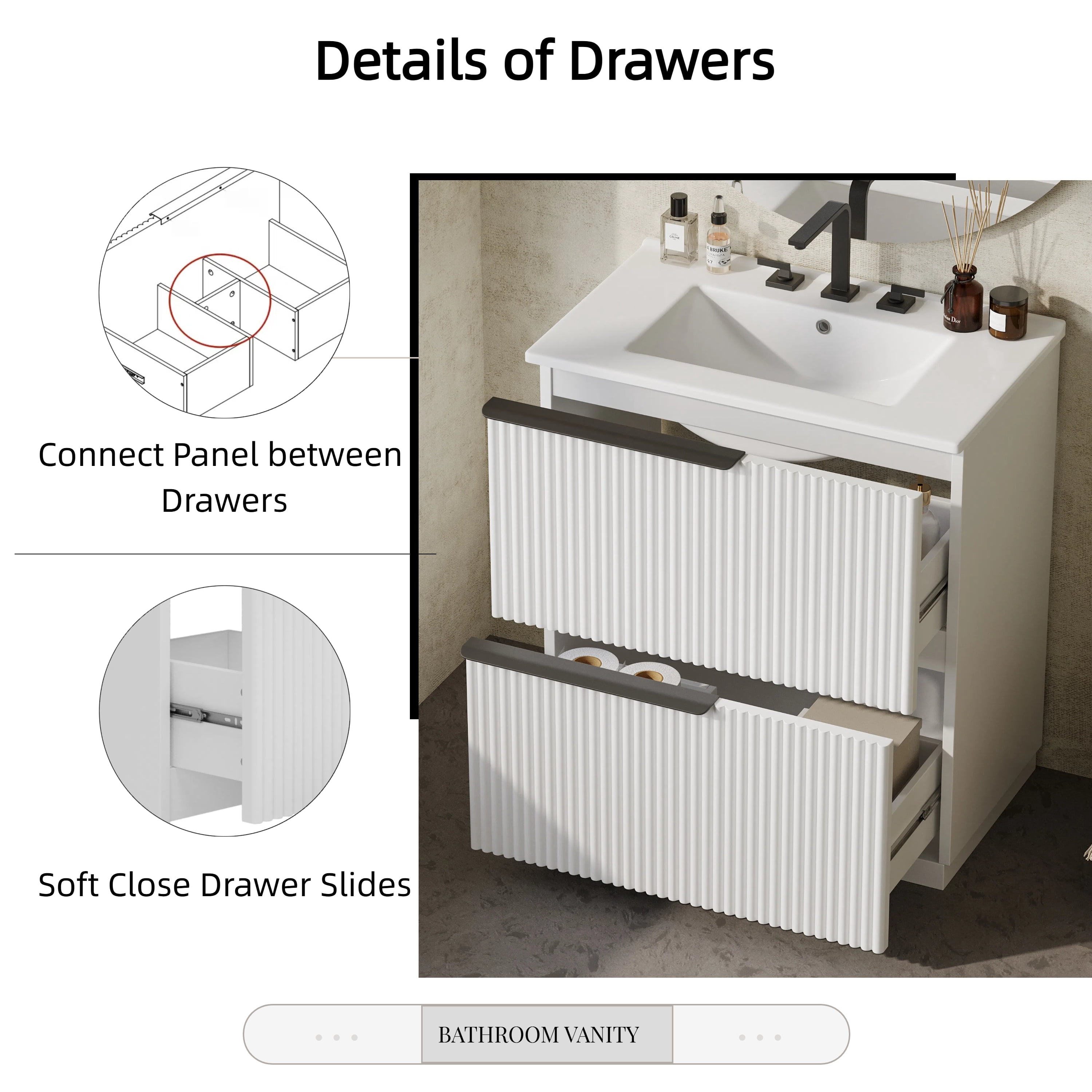 30" Bathroom Vanity with Ceramic Sink and Full-Extension Drawers, Freestanding Bathroom Vanity with Soft Close Drawer Slides, Fluted Design, White