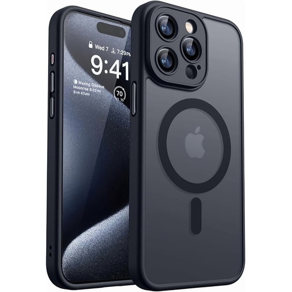 Magnetic Matte Phone Case for iPhone 15 Pro Max, MagSafe Compatible Shockproof Cover - Black