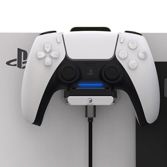 Charger for PS5 controller, hanging on side of console
