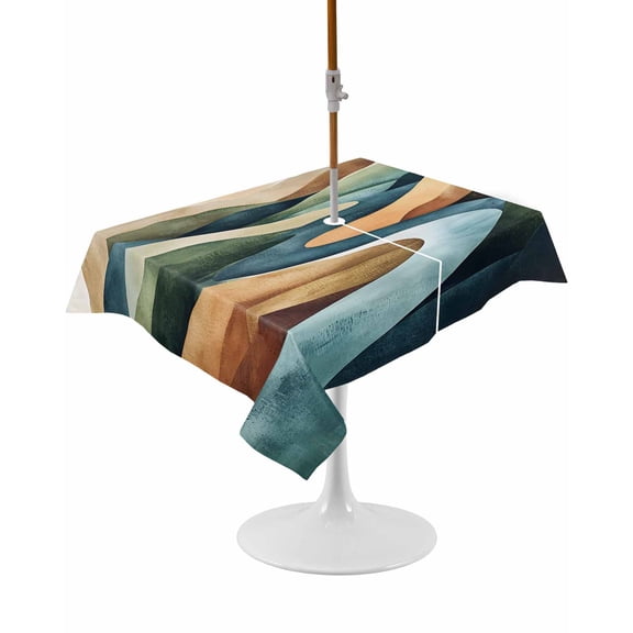 Outdoor Table Cloth with Umbrella Hole and Zipper, Colorful Abstract Art Waterproof Rectangle Tablecloth 54"x80", Mountain Modern Watercolor Washable Table Cover for Outside Party Patio Picnic