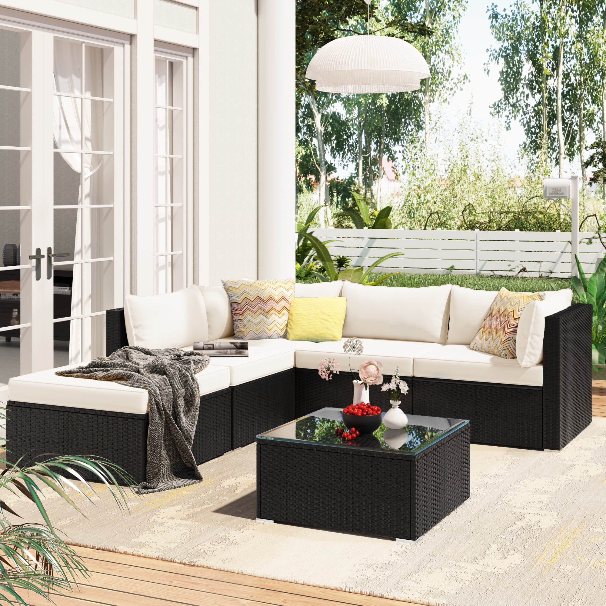 Outdoor Patio Furniture Sets, 6 Piece Black Ratten Wicker Sectional