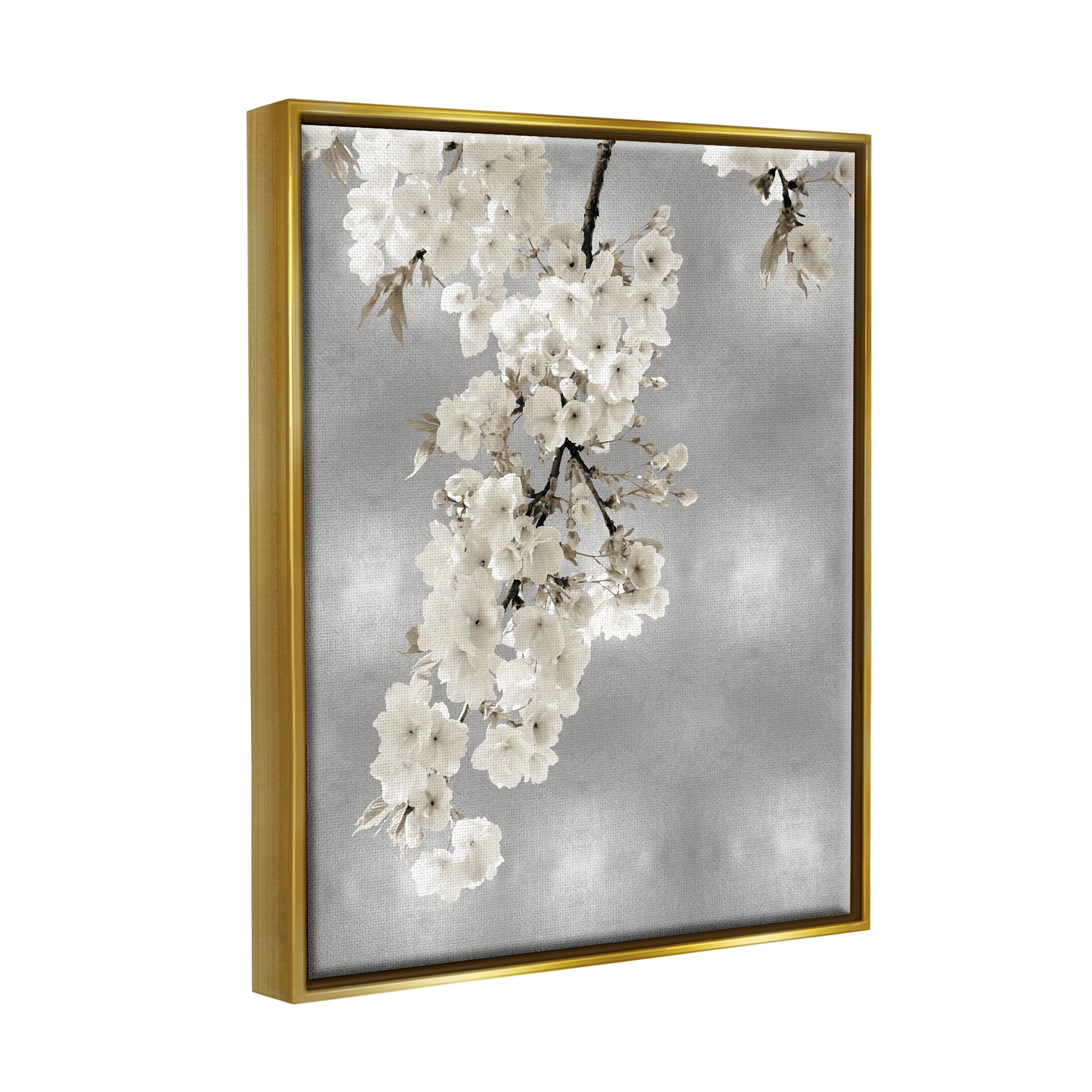Stupell Industries Cherry Blossoms on Grey Botanical & Floral Painting Gold Floater Framed Canvas Art Print Wall Art, 25 x 31