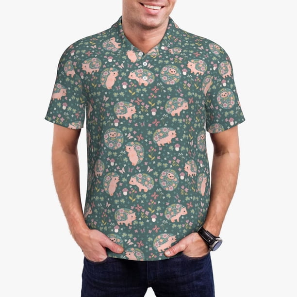 Fotbe Hedgehogs and Flowers Camiseta Polo de Golf para Hombre con Estampado – Camisa Deportiva Transpirable con Cuello Abotonado-Small