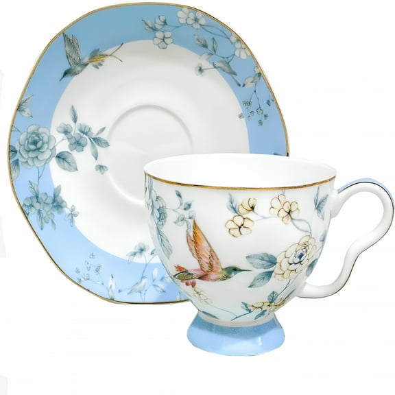 ACDANC Bone China Tea Cup and Saucer Set,Bone China Coffee Cups and Saucers,Vintage Blue and White Tea Cups and Saucers Gift for Mom Friend Tea Party (dark blue)