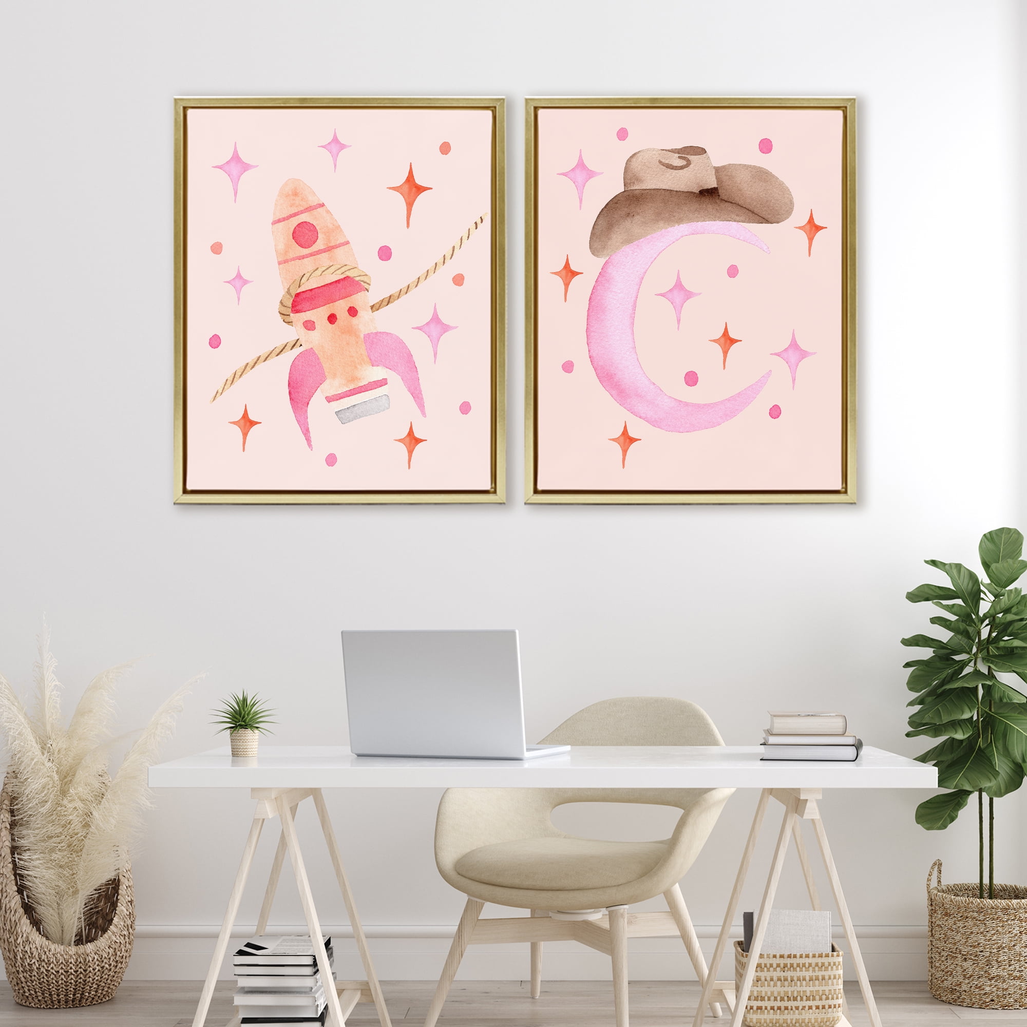 Space Cowgirl Rocket Ship 2 Piece Gold Framed Floater Canvas Set, design by Nina Jacobs