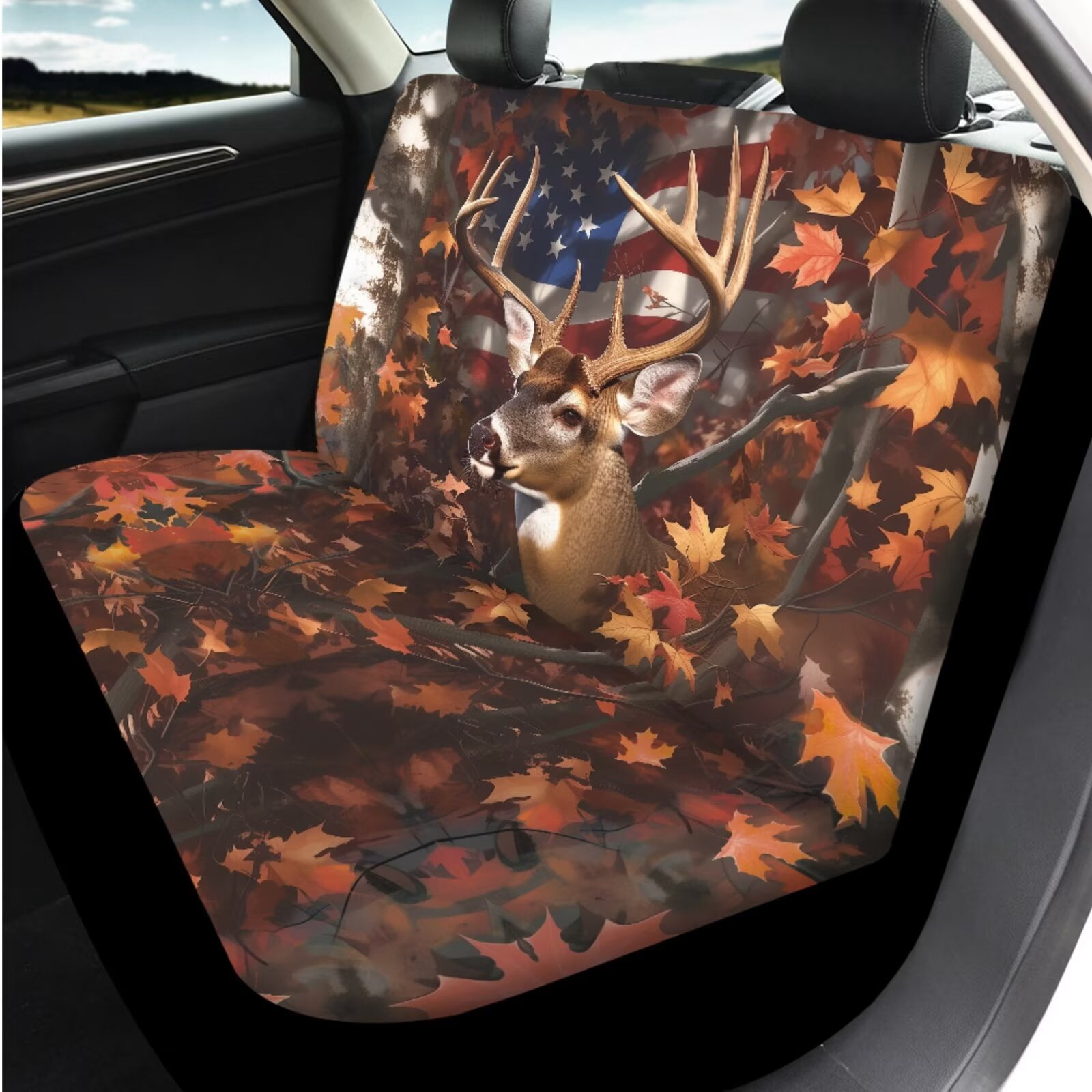 Binienty Deer Hunting Camo Auto Seat Covers Front And Backseat with Patriotic Automotive Steering Wheel Cover Cloth Armrest Cushion Pad Anti-Scratch Seat Headrest Cover 14 Piece Car Interior Decor