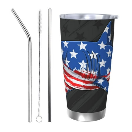 

Cauagu Shark With USA Flag Pattern 20oz Tumbler Stainless Steel Vacuum Insulated Tumbler with Lid Durable Insulated Coffee Mug Thermal Cup with Splash Proof Sliding Lid-Straw Three-piece Set