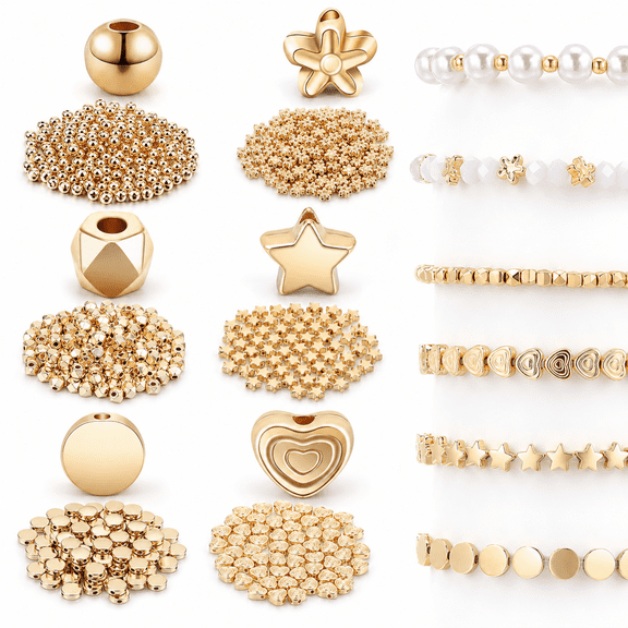 1200 Pcs Gold Spacer Beads Set – Assorted Star, Flower, Round, Heart & Pony Beads for Jewelry Making, DIY Friendship Bracelets, Crafts & Gifts