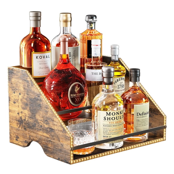 Nuovoware LED Lighted Liquor Bottle Display Shelf, 3 Step Wood Countertop Liquor Rack with Fences & Portable Handles, 12-Bottle Whiskey Rack Liquor D
