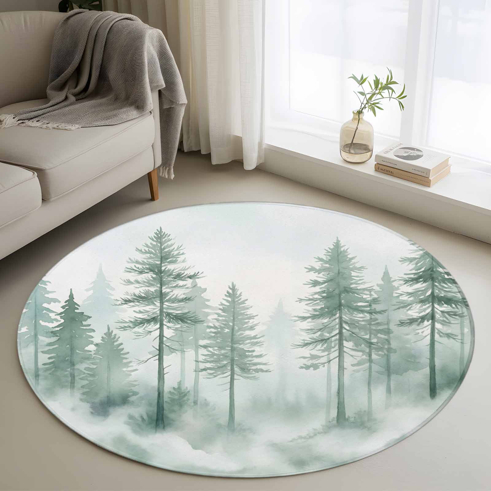 Round Rug 3ft Area Rug Forest Green Gradient Tree Area Rugs for Living Room Bedroom Watercolor Plant Floor Mat Non-Slip Non-Shedding Carpet Indoor Accent Rugs