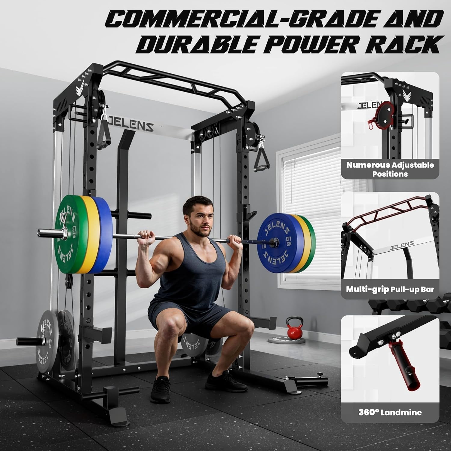 Multi-Function Power Rack Cage,2000lbs Dual Pulley Cable Crossover Machine with J Hooks, Dip Bars & Landmine for Home Gym