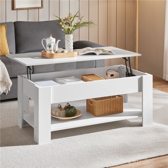 Yaheetech Table Basse à Plateau Relevable avec Compartiment Caché et Tablette Ouverte, Blanc