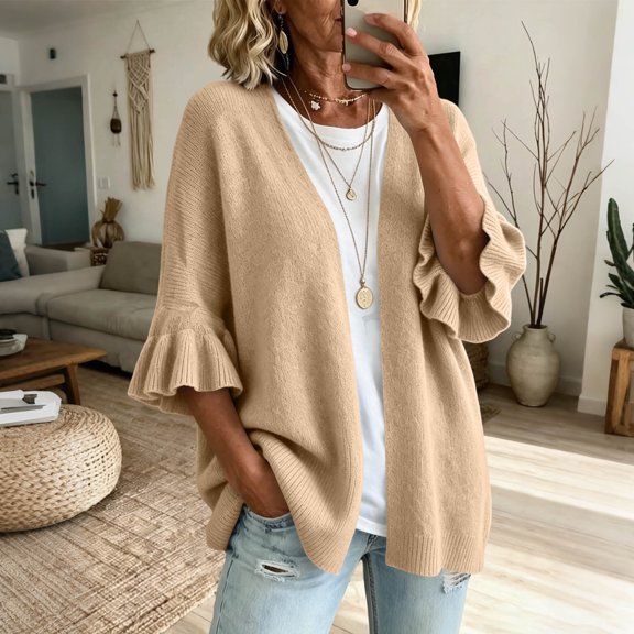 Warop Women's Cardigan Sweaters Ruffle 3/4 Sleeve Casual Openwork Knit Sweater Tops Oversized Fall Coat
