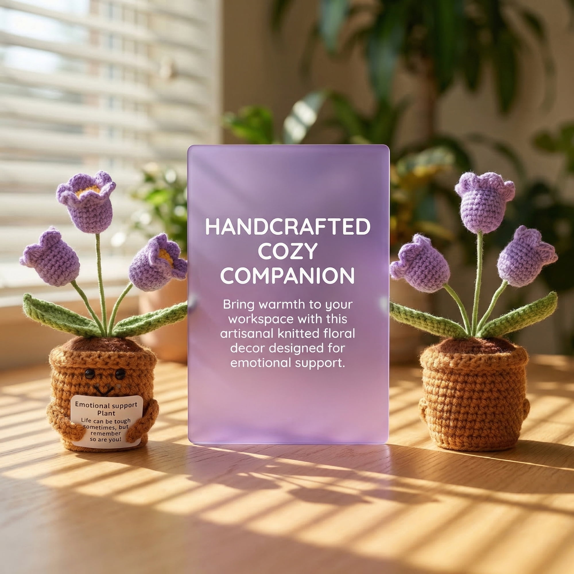 Unique Bargains Handmade Crochet Lily Knitted Potted Plant Purple 4.3inch