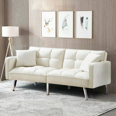 Royard Oaktree Upholstered Modern Sofa Couch with 4 Pillows,Futon Sofa Bed Velvet Convertible Folding Sleeper Sofa for Small Spaces Bedroom Living Room Apartment Dorm Office,Beige