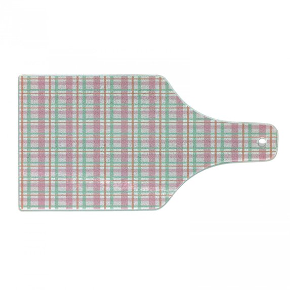 Abstract Cutting Board, Pastel Colored Checkered Tartan Pattern with Geometric Stripes Print, Tempered Glass Cutting and Serving Board, Wine Bottle Shape, Mint Salmon Pale Pink, by Ambesonne